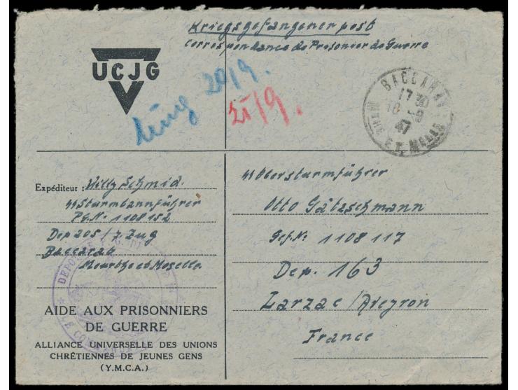 Vordruckumschlag  UCJG (Y.M.C.A.) mit Absenderangabe  "Willy Schmid  SS-Sturmbannführer  ... Dep. 205 ... Baccarat, Meuthe et
