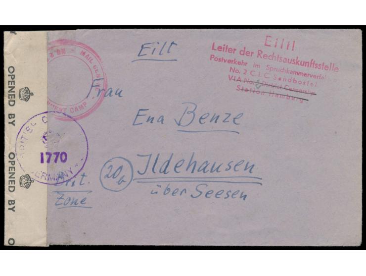 Zivilinternierungslager Sandbostel: &nbsp;Brief (ca. 1947) mit rotem Zweikreisstempel &nbsp;&nbsp;Mail Centre No. 2 Civilian 