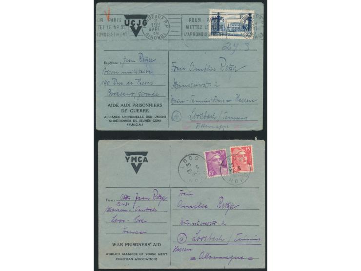 1949-1950: 3 YMCA-Umschläge mit Frankreich-Frankatur nach Deutschland, Absender ist ein deutscher Oberleutnant im Militär-Gef