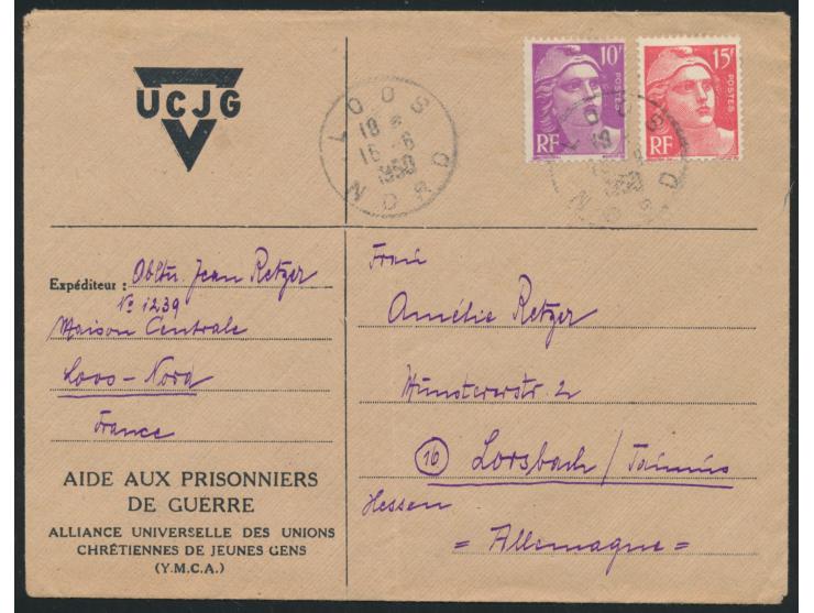 1949-1950: 3 YMCA-Umschläge mit Frankreich-Frankatur nach Deutschland, Absender ist ein deutscher Oberleutnant im Militär-Gef