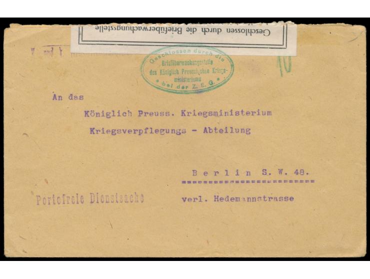 seltener grüner Zensur-Ovalstempel  "Geschlossen durch die Briefüberwachungsstelle des Königlich Preussischen Kriegsministeri