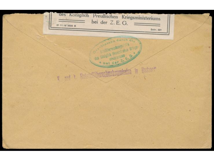 seltener grüner Zensur-Ovalstempel  "Geschlossen durch die Briefüberwachungsstelle des Königlich Preussischen Kriegsministeri