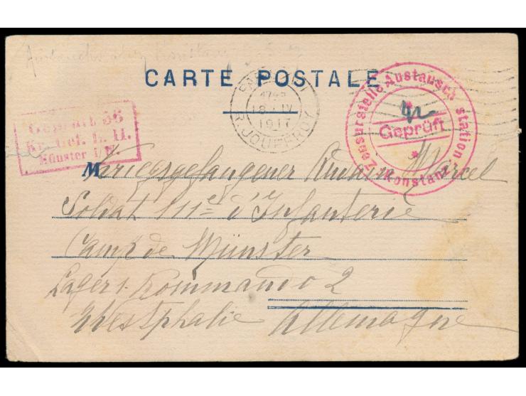 großer roter Zweikreisstempel  Zensurstelle Austausch-Station Konstanz / Geprüft,  im Riemer nicht aufgeführte Type, auf Krie