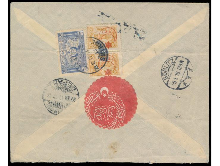 Türkei-Ganzsachenumschlag 1 Pia. mit rückseitig 1 Pia. und 2 x 5 Para (Kriegssteuer) als Einschreiben mit Stempel  Smyrne  23