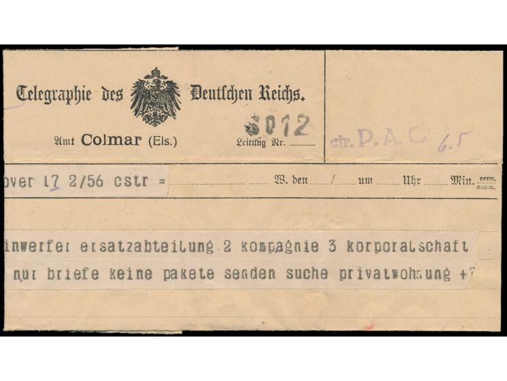 Telegramm-Aufnahmeformular von &nbsp;Colmar (Els.) &nbsp;für ein Telegramm aus Hannover vom 3.2.1918, mittelegrafierter Zensu