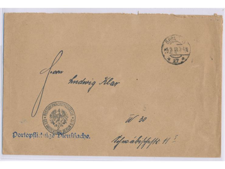 Orts-Dienstbrief "Portopflichtige Dienstsache" mit Stempel  Berlin O. 17  5.9.18, Dienstsiegel  Postüberwachungsstelle des Ga