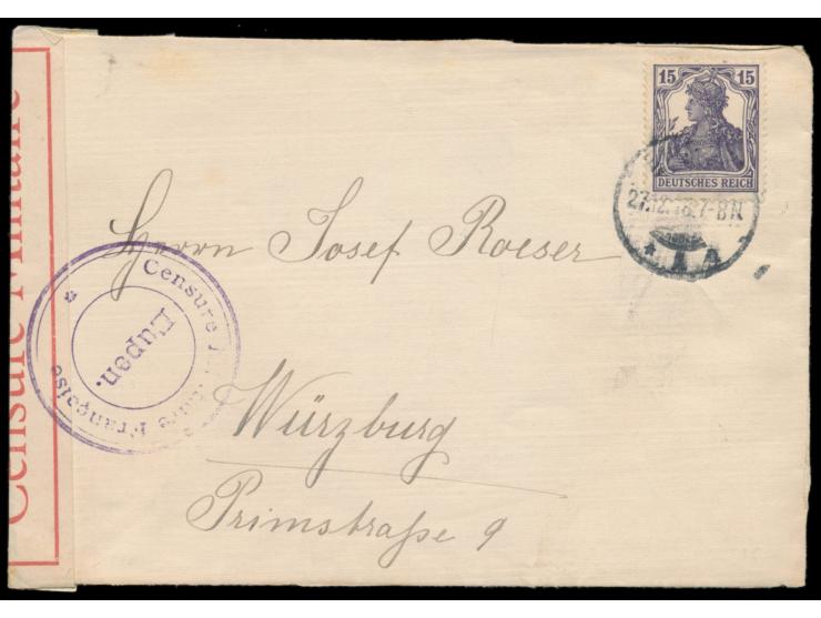Rheinland-Besetzung, &nbsp;15 Pf. auf privatem Brief mit Stempel &nbsp;Eupen &nbsp;27.12.18 nach Würzburg, links weißer Versc