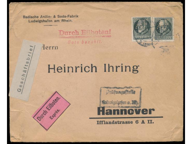 Rheinland-Besetzung,  2 x  Bayern  25 Pf. mit  Firmenlochung "A F"  (1 x kleiner Eckfehler) auf unverschlossenem Eilbrief, Au