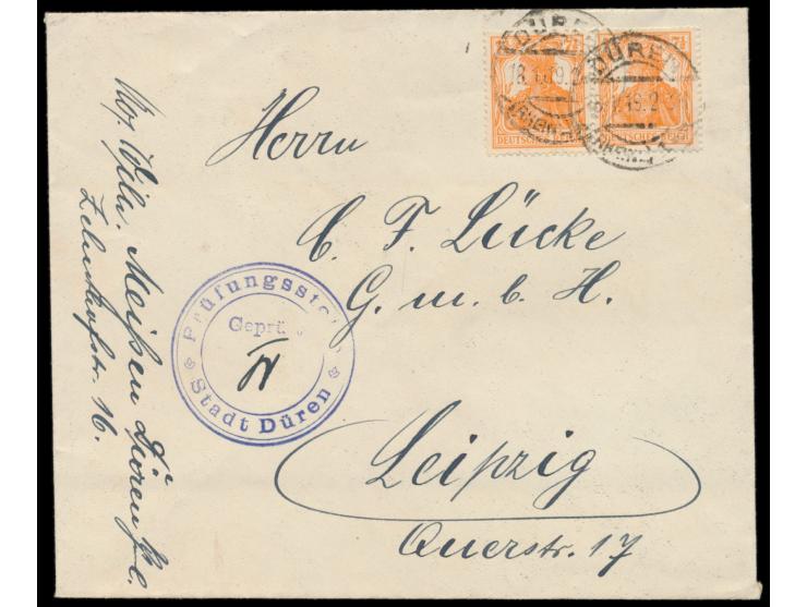 Rheinland-Besetzung,  Brief mit Stempel  Düren (Rheinl.) 1  18.1.19 nach Leipzig, violetter Kreisstempel  Prüfungsstelle Stad