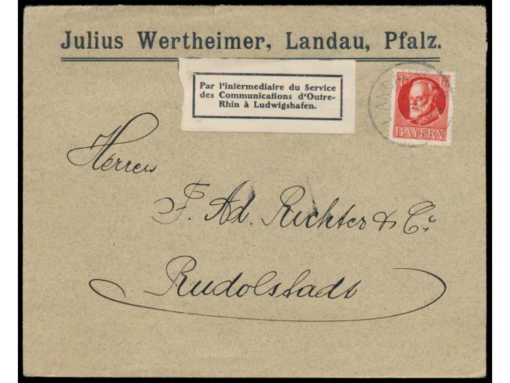 Rheinland-Besetzung, Bayern 15 Pf. auf Firmenbrief mit Stempel Landau, Pfalz 2 14.2.19 nach Rudolstadt, weißer Leitzettel übe