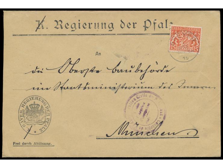 Rheinland-Besetzung,  Behördenbrief mit Bayern-Dienstmarke 15 Pf. mit Stempel  Speyer  3.3.19 nach München, violetter Kreisst