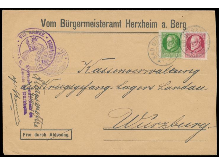 Rheinland-Besetzung, &nbsp;Behördenbrief mit Bayern 5 Pf. &nbsp;und 10 Pf. mit Stempel &nbsp;Bad Dürkheim &nbsp;4.3.19 nach W
