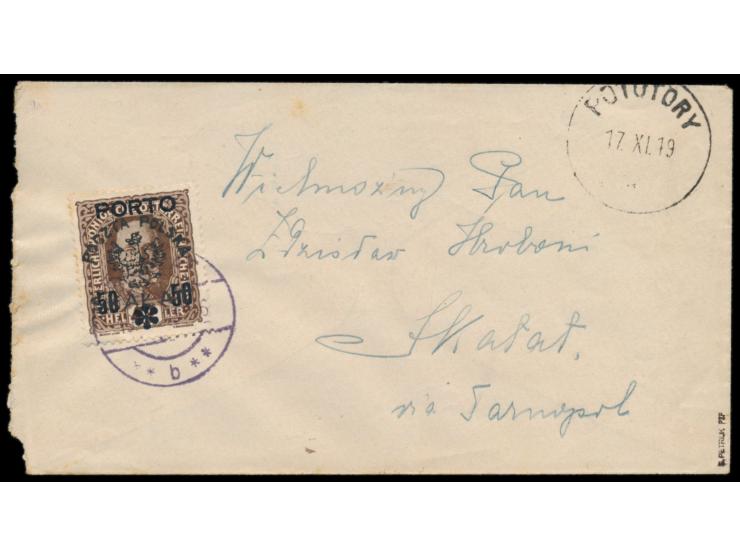 Lokalausgabe Skalat:  unfrankierter Brief mit Stempel  Potutory  17.11.19 nach Skalat, Österreich-Aushilfsportomarke 50 H. au
