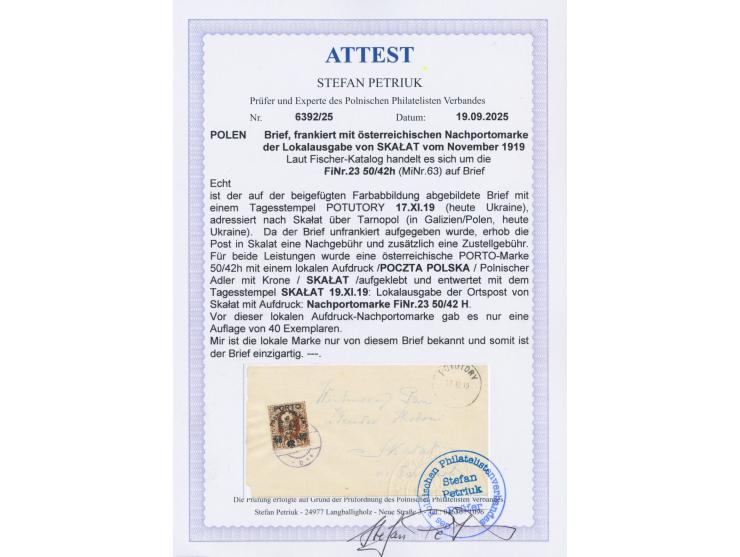 Lokalausgabe Skalat:  unfrankierter Brief mit Stempel  Potutory  17.11.19 nach Skalat, Österreich-Aushilfsportomarke 50 H. au