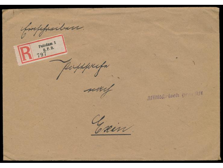 Einschreibbrief "Postsache" nach Exin im polnischen Aufstandsgebiet (Provinz Posen), ohne Aufgabestempel,  R-Zettel "Potsdam 