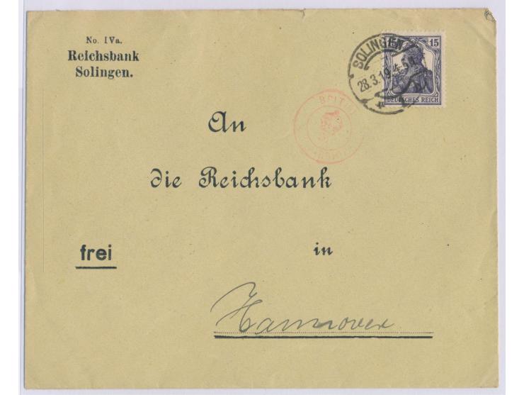 Rheinland-Besetzung,  15 Pf. auf Brief der Reichsbank Solingen nach Hannover, Stempel  Solingen 1  28.3.19, roter Zensur-Krei