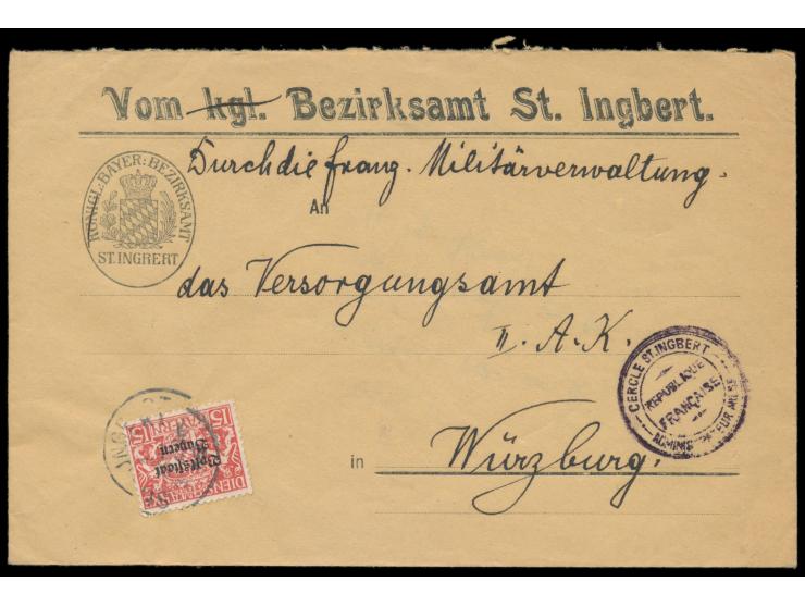 Rheinland-Besetzung, &nbsp;Behördenbrief mit Bayern-Dienstmarke 15 Pf. mit Stempel &nbsp;St. Ingbert &nbsp;1.4.19 nach Würzbu