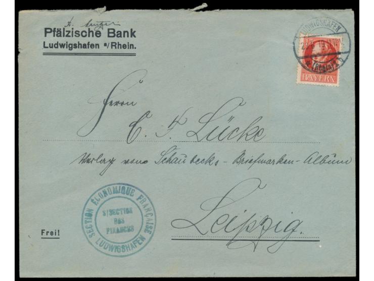 Rheinland-Besetzung, &nbsp;Bayern 15 Pf. auf Brief der Pfälzischen Bank in Ludwigshafen nach Leipzig, Stempel &nbsp;Ludwigsha