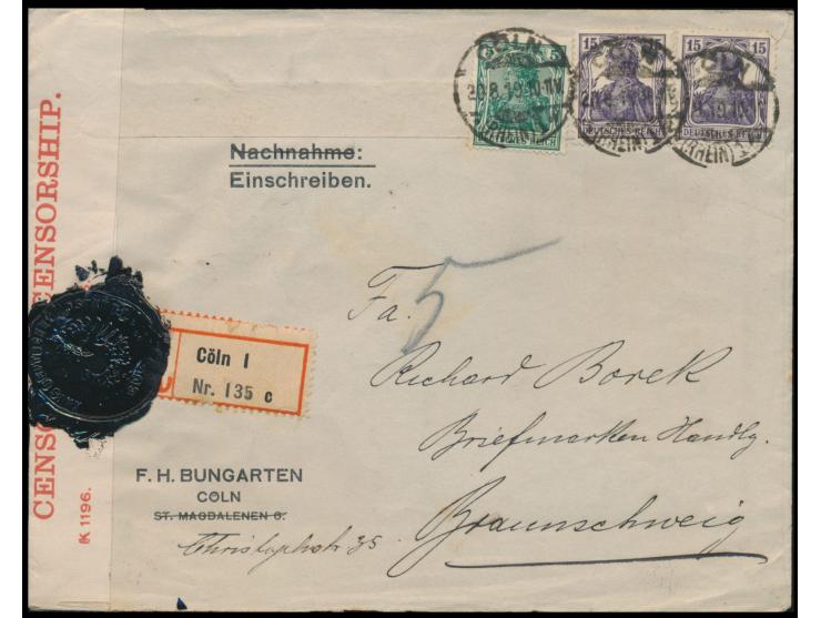Rheinland-Besetzung, &nbsp;Einschreibbrief mit Stempel &nbsp;Cöln (Rheinl.) 1 &nbsp;20.8.19 nach Braunschweig, links weißer V