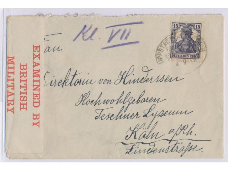 Rheinland-Besetzung,  15 Pf. auf privatem Brief aus Stift Cappel nach Köln, Bahnpoststempel Lippstadt - Neubeckum ... 4.9.19 