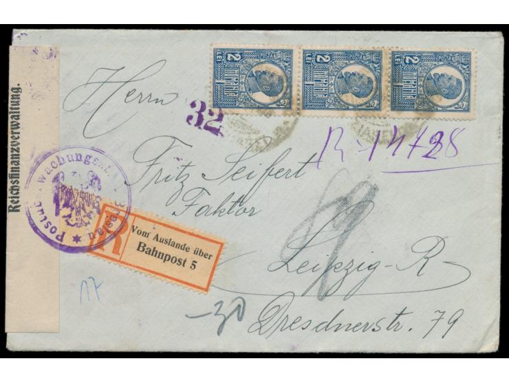 3 x  Rumänien  2 Lei auf Einschreibbrief aus Bukarest nach Leipzig, handschriftlicher R-Vermerk, rückseitig Bahnpoststempel B