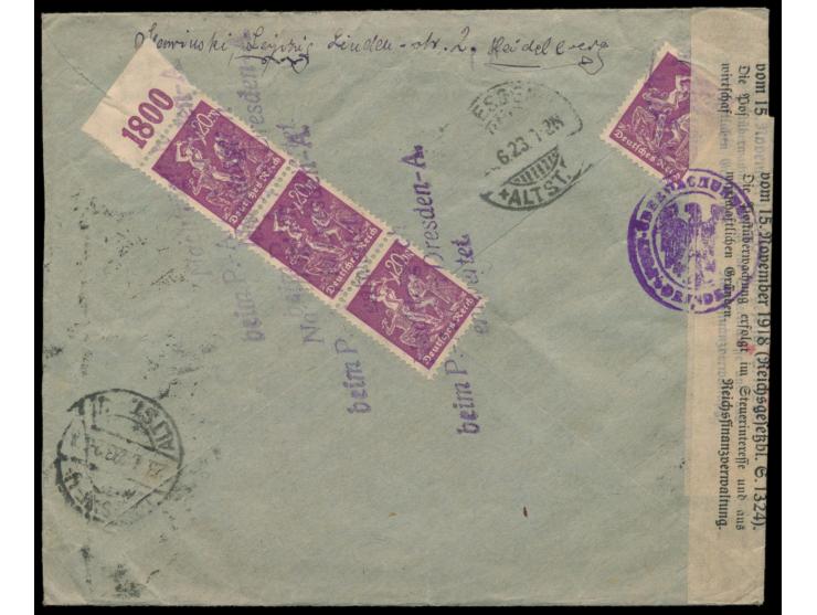 Auslands-R-Brief mit Stempel  Leipzig 4  22.6.23 nach Wien, Durchgangstempel Dresden Altst. ... (aptiert) 23.6.23, links Vers