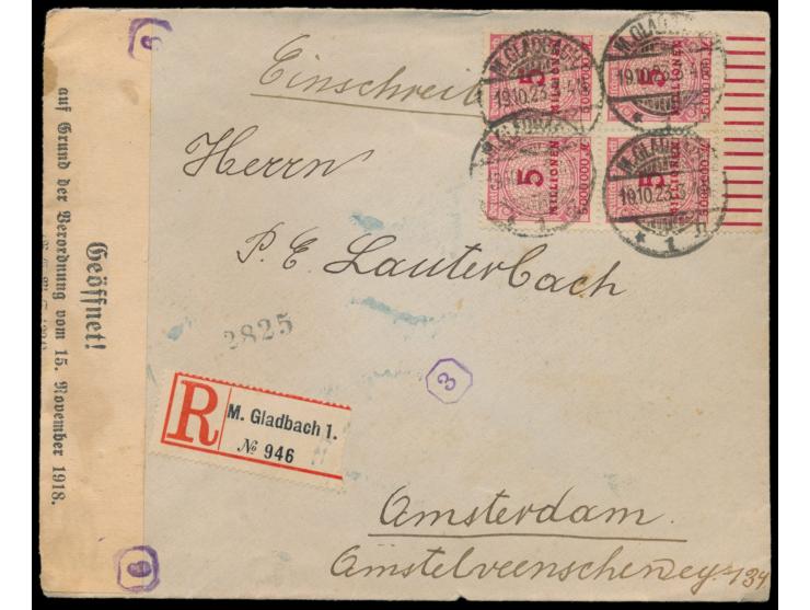 Viererblock 5 Mio M. auf Auslands-Einschreibbrief mit Stempel  M.Gladbach 1  19.10.23 nach Amsterdam,  Porto-Letzttag,  porto