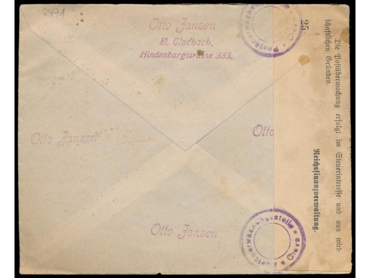 Viererblock 5 Mio M. auf Auslands-Einschreibbrief mit Stempel  M.Gladbach 1  19.10.23 nach Amsterdam,  Porto-Letzttag,  porto