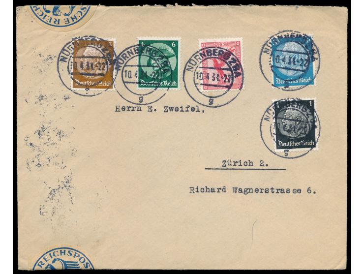 Auslandsbrief 2. Gewicht von Nürnberg 10.4.34 in die Schweiz, Mischfrankatur 40 Pf., rückseitig drei Verschlusszettel der Dev
