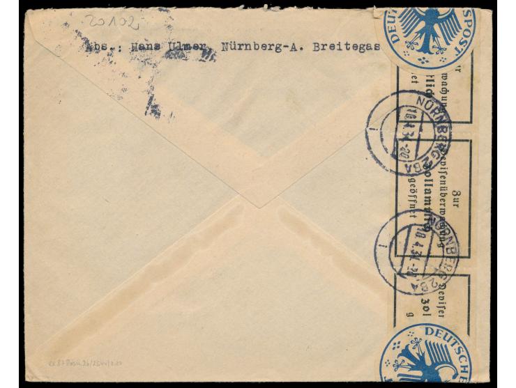 Auslandsbrief 2. Gewicht von Nürnberg 10.4.34 in die Schweiz, Mischfrankatur 40 Pf., rückseitig drei Verschlusszettel der Dev