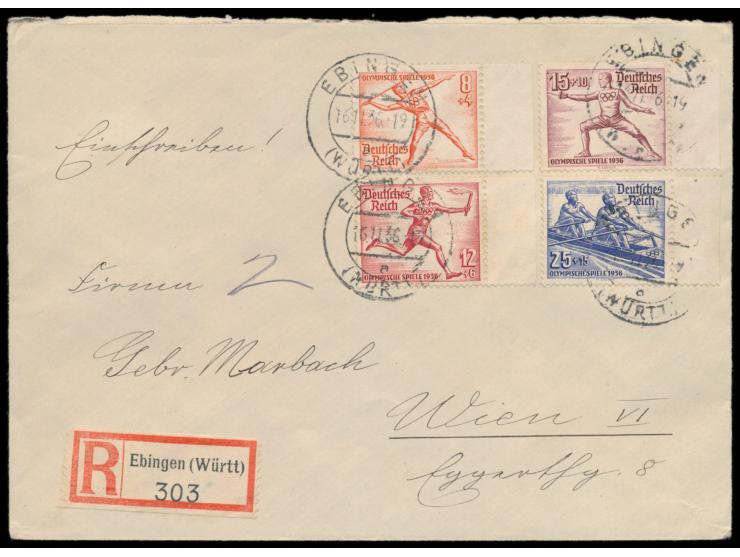 Einschreibbrief mit Olympia-Marken-Frankatur von Ebingen 16.11.36 nach Wien, rückseitig provisorischer Verschluss und zwei ro