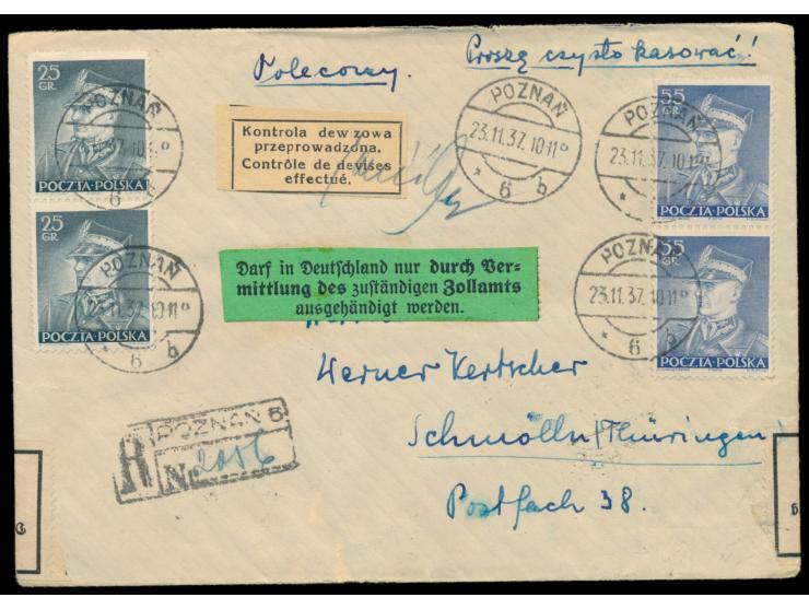 Polen &nbsp;4 x 25 Gr auf Einschreibbrief mit Stempel &nbsp;Poznan 6 &nbsp;23.11.37 nach Schmölln, polnischer Devisen-Kontrol