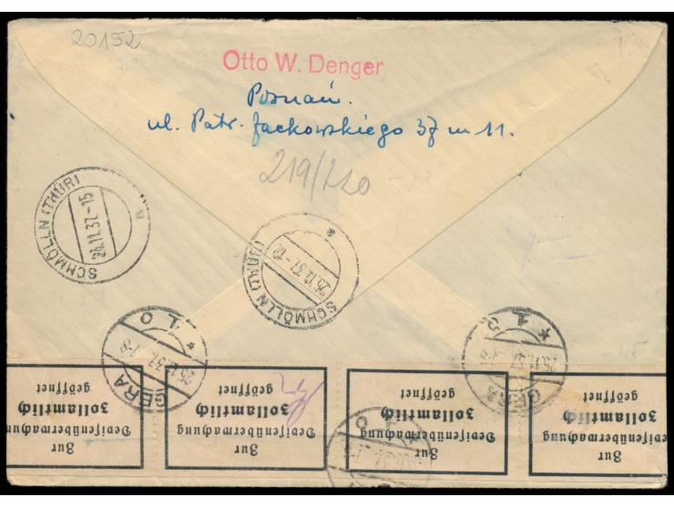 Polen &nbsp;4 x 25 Gr auf Einschreibbrief mit Stempel &nbsp;Poznan 6 &nbsp;23.11.37 nach Schmölln, polnischer Devisen-Kontrol