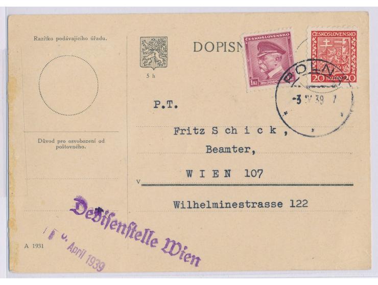 Behörden-Postkarte aus dem "Protektorat" Böhmen-Mähren nach Wien, Frankatur Tschechoslowakei 20 h und 1 K., Stempel  Polna  3