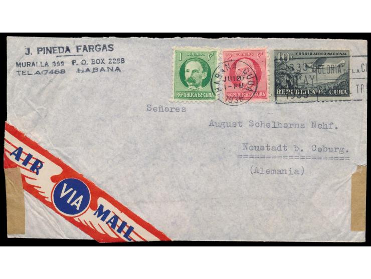 Cuba &nbsp;1 C., 2 C., und 10 C. auf Luftpostbrief mit Stempel &nbsp;Habana &nbsp;20.7.1939 nach Deutschland, rückseitig neut