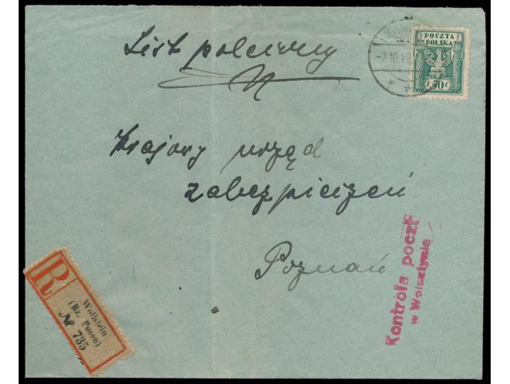 Einzelfrankatur 50 f auf  Einschreibbrief  mit aptiertem deutschen Stempel  Wolstyn  7.10.19, deutscher  R-Zettel Wollstein (