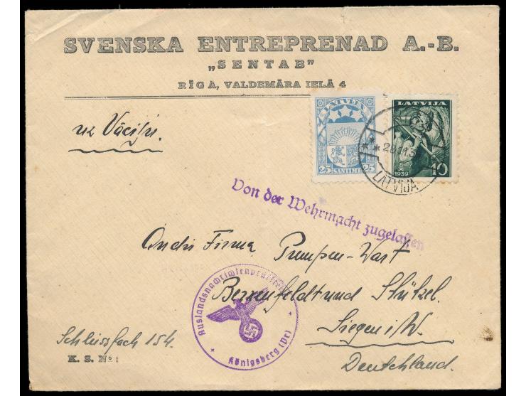 Lettland  10 S. und 25 S. auf Firmenbrief von Riga 28.11.39 nach Deutschland,  Zensur Königsberg,  violetter L1 "Von der Wehr