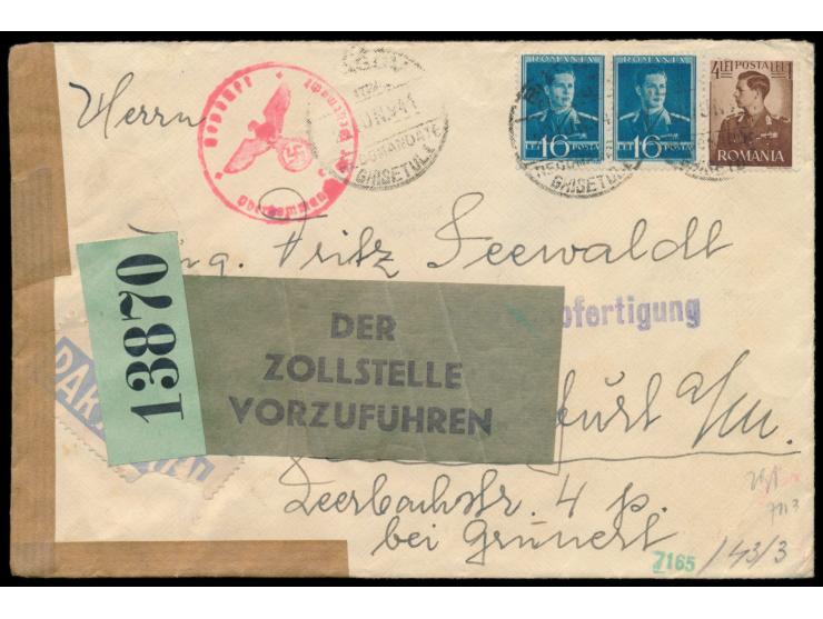 Rumänien &nbsp;4 Lei und 2 x 16 Lei auf Luftpostbrief von Brasov 20.6.41 nach Frankfurt, &nbsp;OKW-Zensur Wien &nbsp;mit Vers