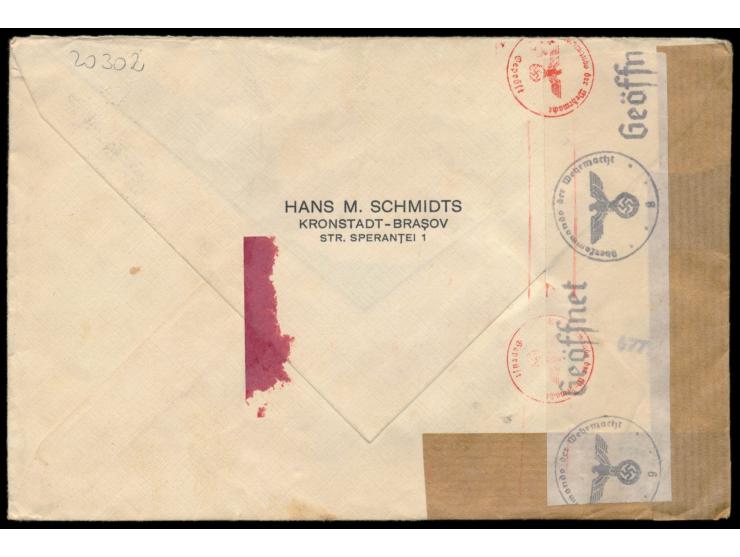 Rumänien &nbsp;4 Lei und 2 x 16 Lei auf Luftpostbrief von Brasov 20.6.41 nach Frankfurt, &nbsp;OKW-Zensur Wien &nbsp;mit Vers