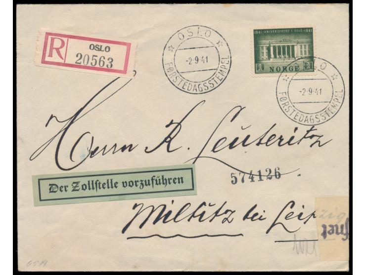 Norwegen-Sondermarke &nbsp;1 Kr mit Ersttagstempel Oslo 2.9.41 auf Einschreibbrief nach Deutschland, OKW-Zensur Berlin, Lands