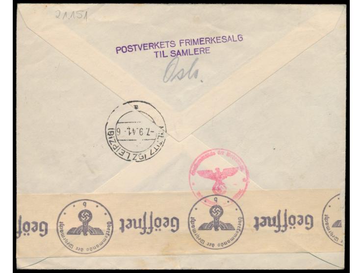 Norwegen-Sondermarke &nbsp;1 Kr mit Ersttagstempel Oslo 2.9.41 auf Einschreibbrief nach Deutschland, OKW-Zensur Berlin, Lands