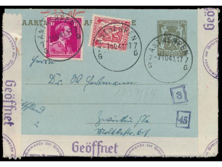 Belgien-Ganzsachenkartenbrief 75 C. mit Zusatzfrankatur 1,25 Fr. nach Deutschland, Stempel Antwerpen 7.10.41,  OKW-Zensur Köl