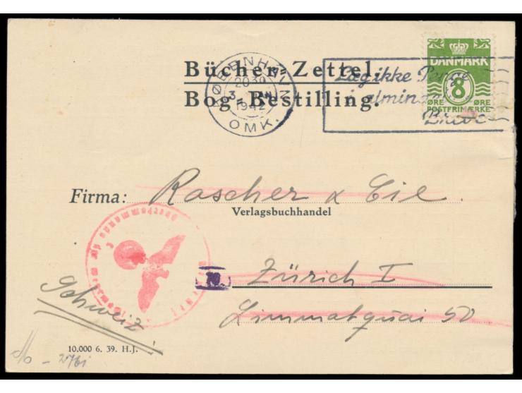 8 Öre auf Karte aus Kopenhagen, Stempel 3.1.42 nach Zürich, Bestellung eines englischen Sprach-Lehrbuches, OKW-Zensur Frankfu