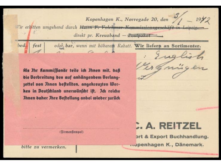 8 Öre auf Karte aus Kopenhagen, Stempel 3.1.42 nach Zürich, Bestellung eines englischen Sprach-Lehrbuches, OKW-Zensur Frankfu