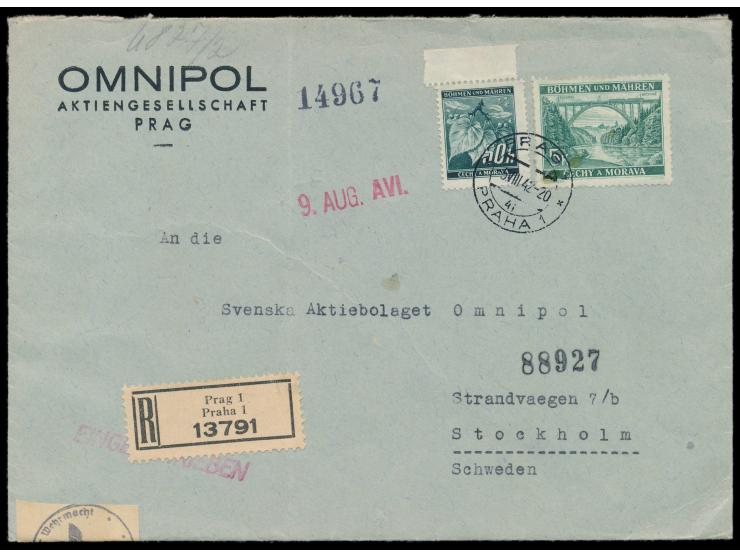 Auslands-Einschreibbrief  der Omnipol Aktiengesellschaft in Prag an die schwedische Omnipol-Tochtergesellschaft in Stockholm,