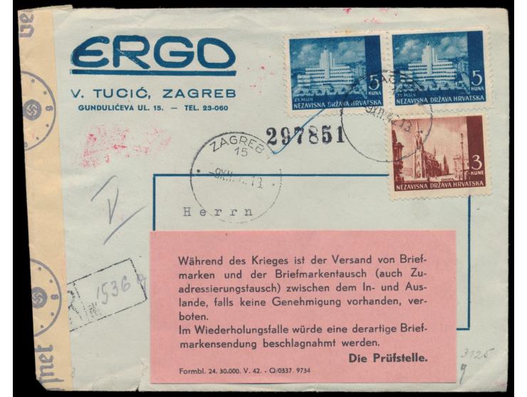 Kroatien &nbsp;3 K. und 2 x 5 K. auf &nbsp;Einschreibbrief &nbsp;mit Stempel &nbsp;Zagreb &nbsp;9.12.42 nach Berlin, OKW-Zens
