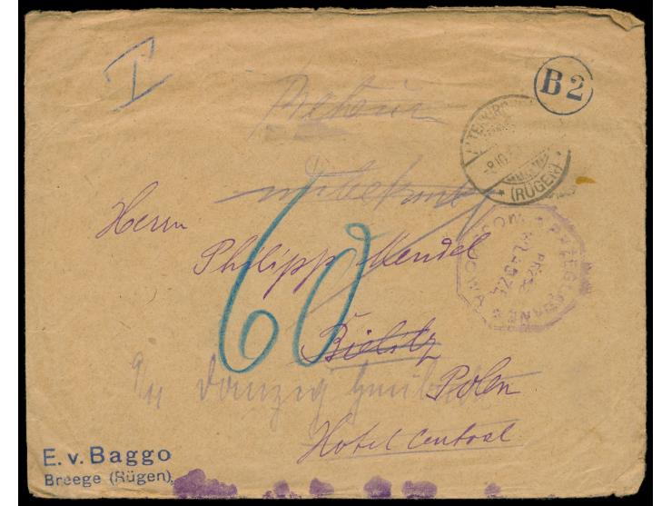 unfrankierter Brief aus Deutschland nach Bielitz, Stempel Altenkirchen (Rügen) 8.10.19, Ankunftsstempel Bielitz 27.10.19, Zen