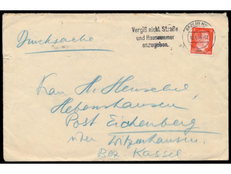 8 Pf. Hitler auf Drucksachen-Umschlag, Maschinenstempel &nbsp;Berlin NW 7 &nbsp;12.1.44, rückseitig Absender &quot;Leg. S. R.