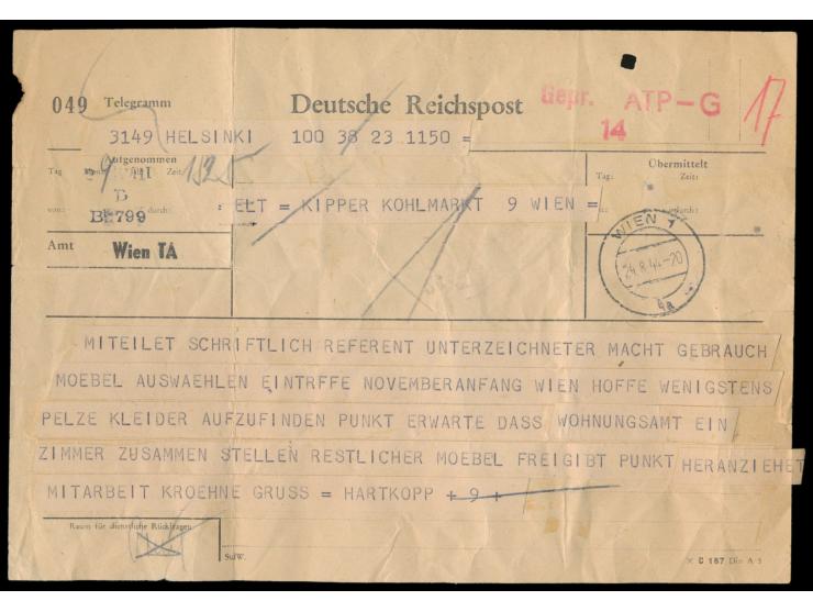 Aufnahmeformular für ein Telegramm von Helsinki nach Wien, roter L2  Gepr. ATP - G / 14  der Telegramm-Zensurstelle Wien, Tag