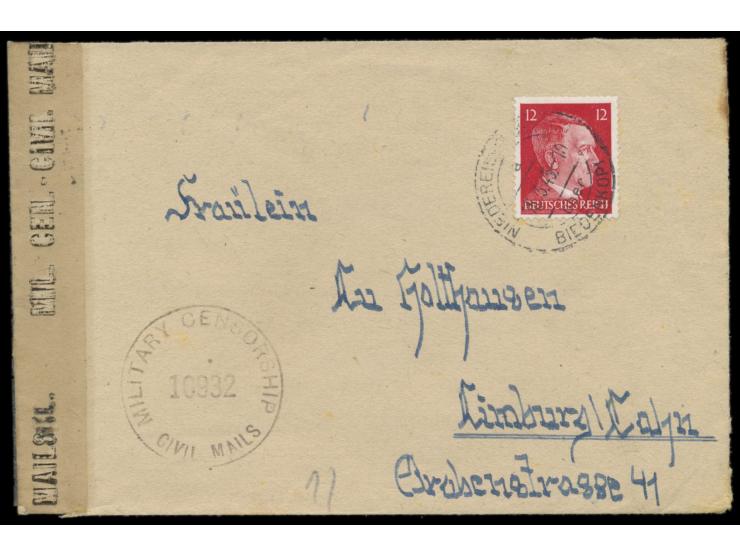 12 Pf. Hitler auf Brief mit Stempel  Niedereisenhausen über Biedenkopf  15.3.45 nach Limburg / Lahn,  "überrollt",  links Zel